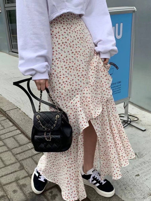Ladies Floral Print Frill Side Slit Long Skirts